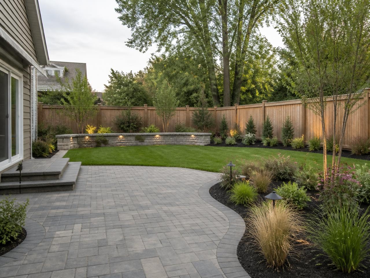AI-generated landscape concept for the same backyard with paver patio, seat wall and planting