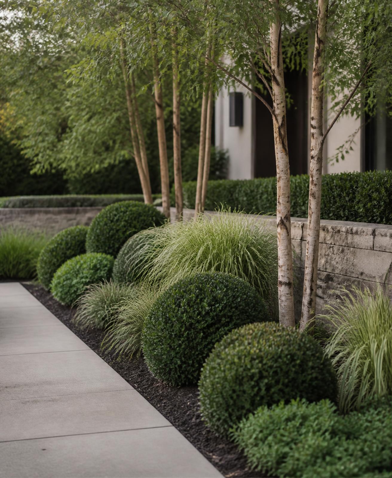 Layered planting design along a concrete walkway