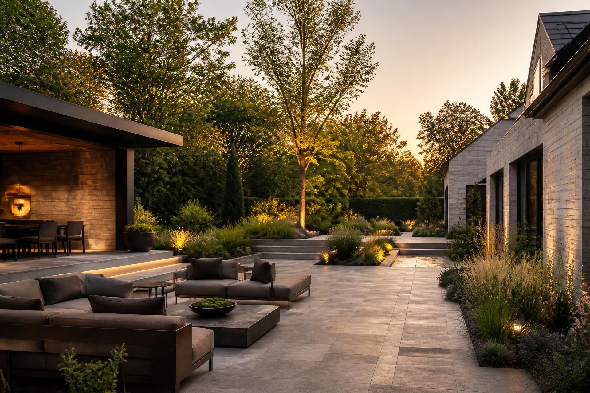 Modern residential landscape with stone patio, planting beds and evening lighting