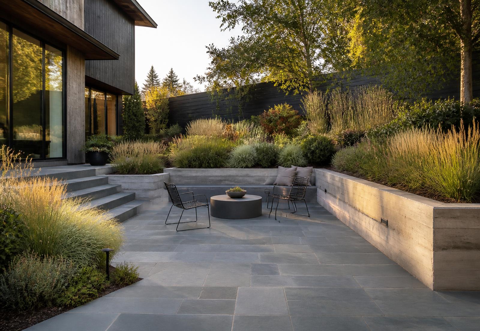 Bluestone patio with seat wall and ornamental planting