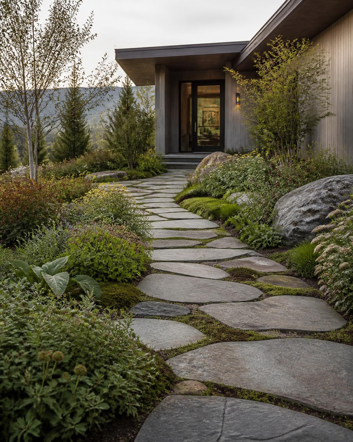 Natural stone walkway through planting beds