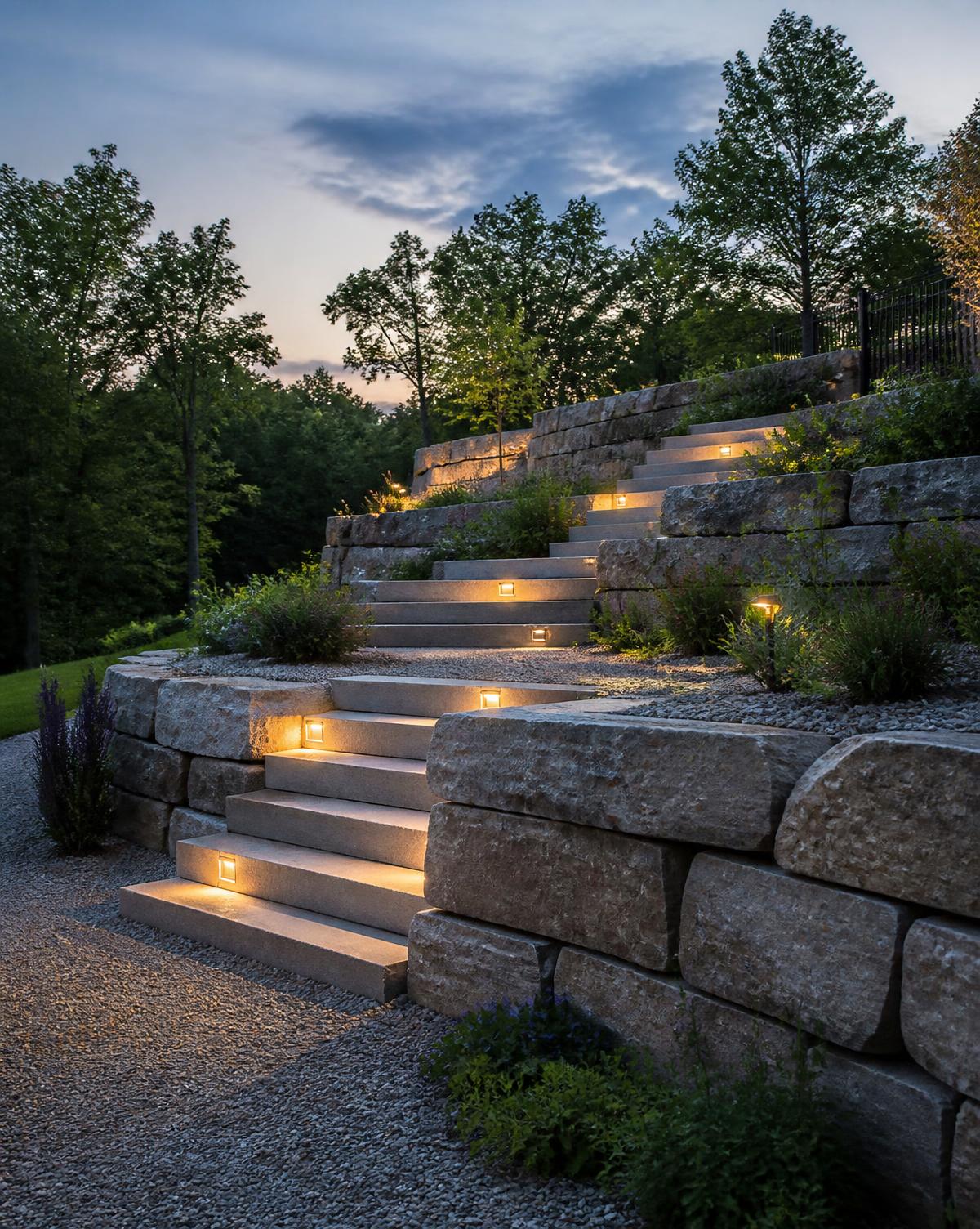 Stone retaining wall with lit landscape steps