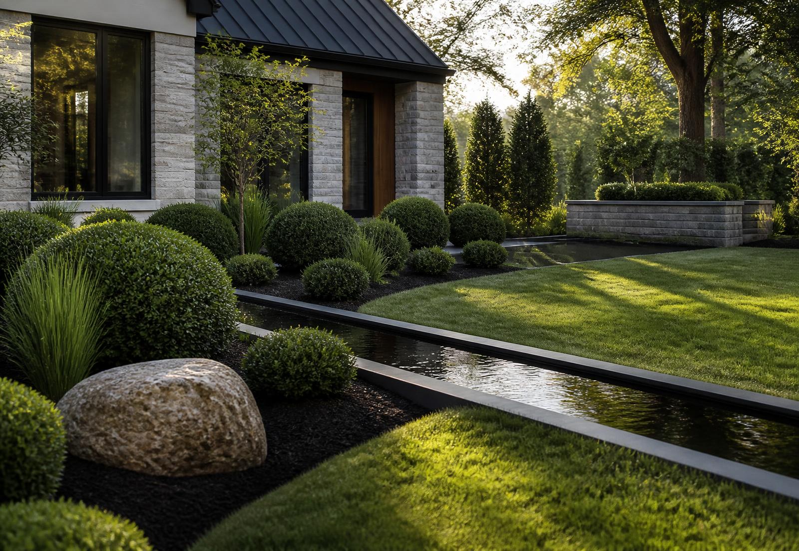 Manicured lawn with linear water feature and sculpted shrubs
